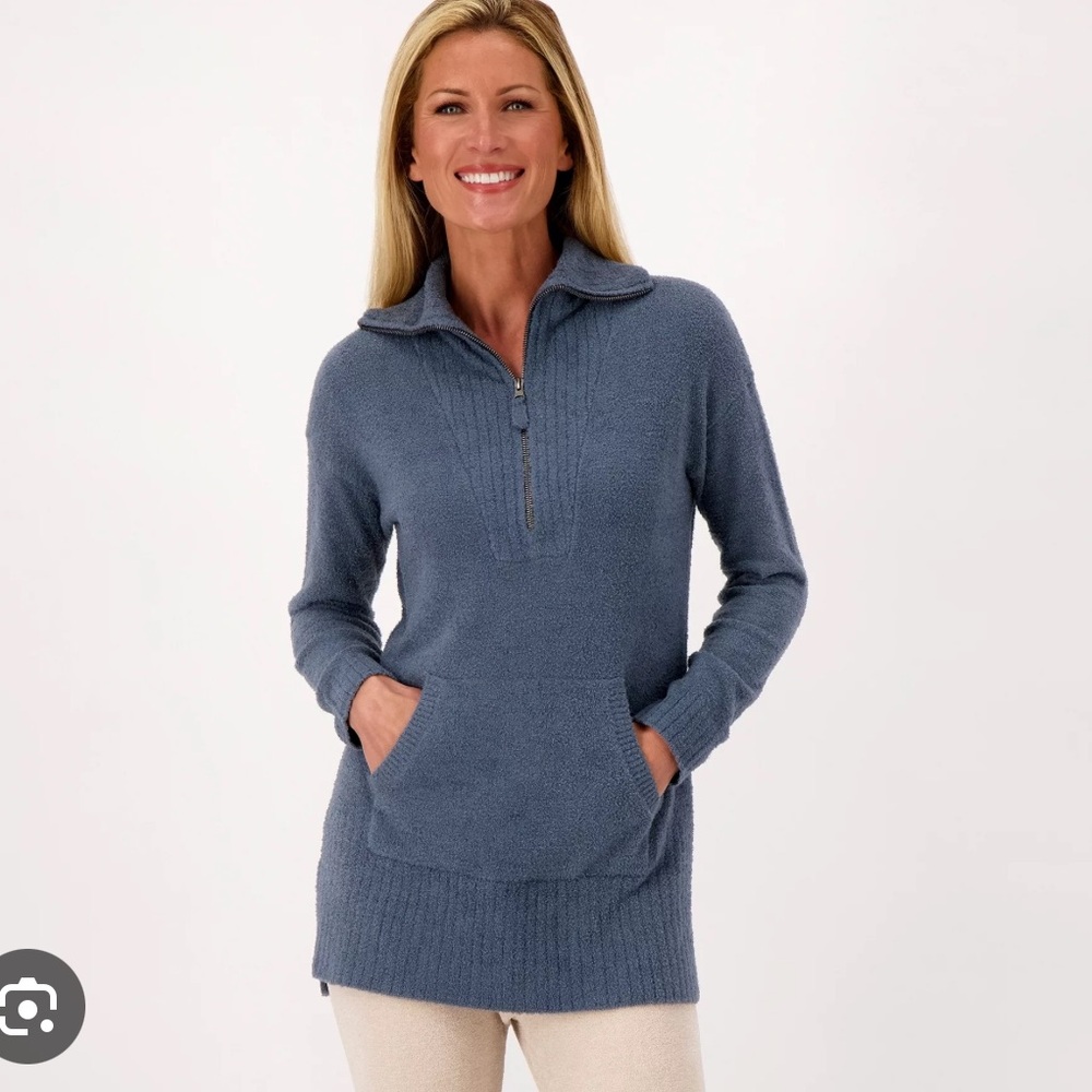 Barefoot Dreams CozyChic Lite High Rib Half Zip Tunic in Deep Ocean Size Large